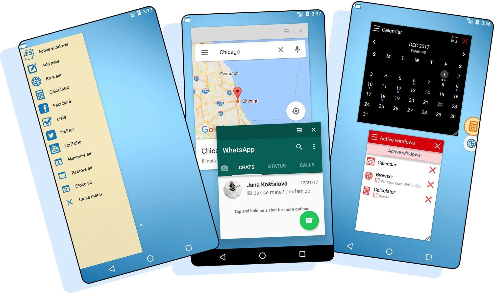 Three screenshots showing different use cases for the Floating Apps app.