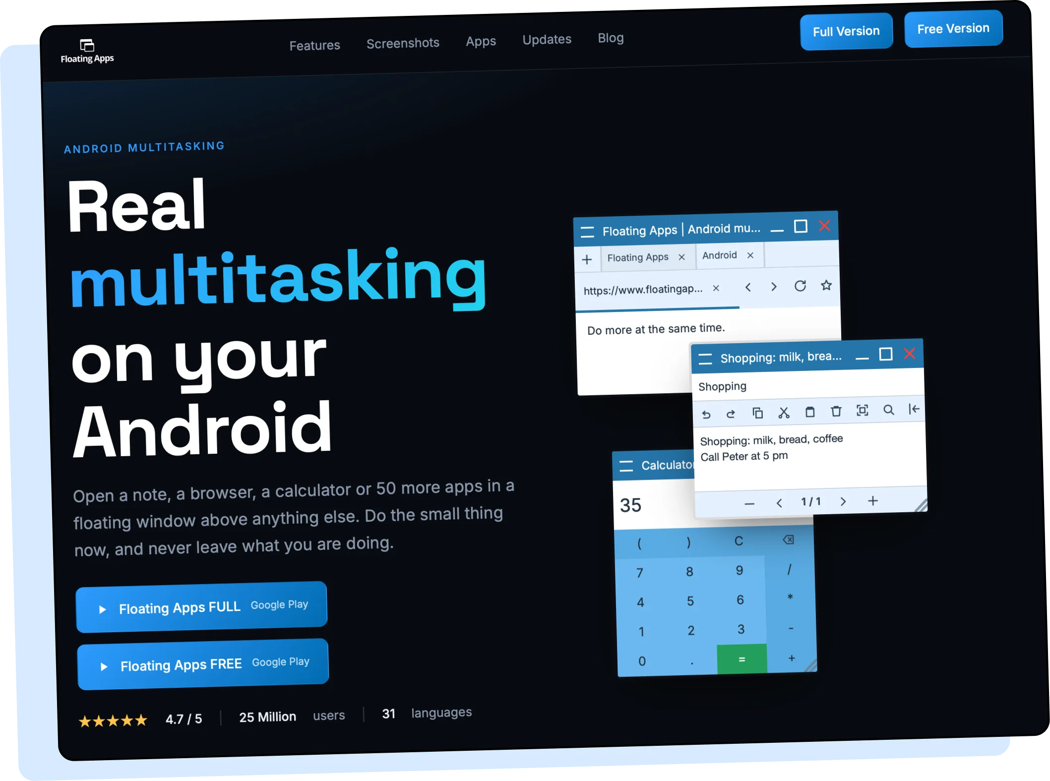 Screenshot of the Floating Apps homepage.