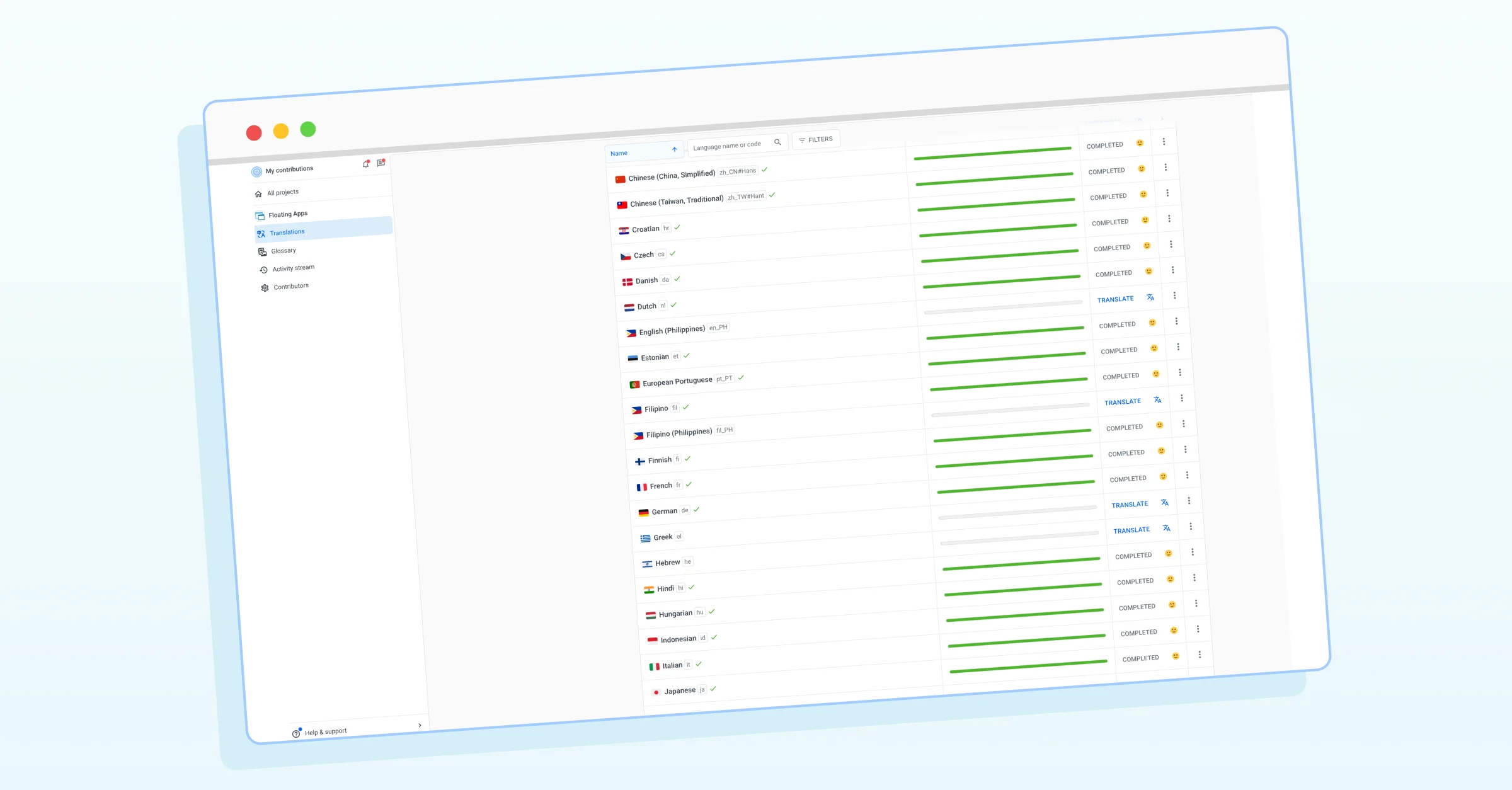 The Floating Apps language dashboard today.