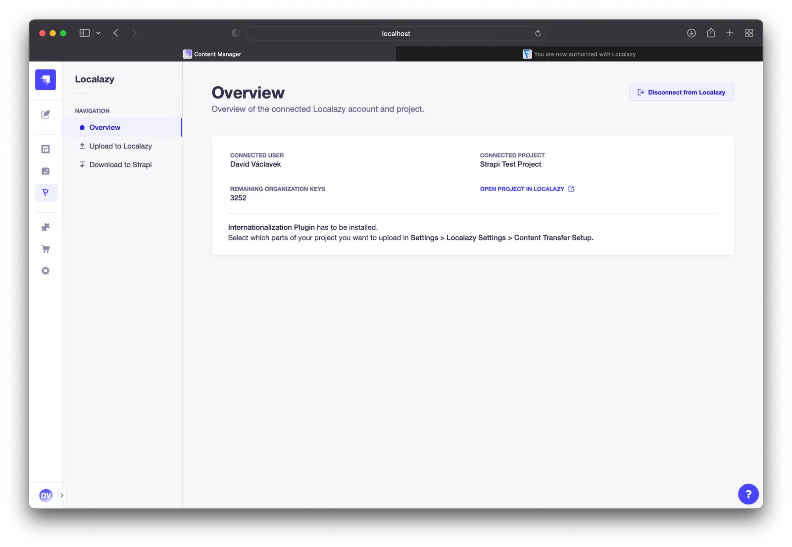 Strapi Localization plugin by Localazy - Overview screen