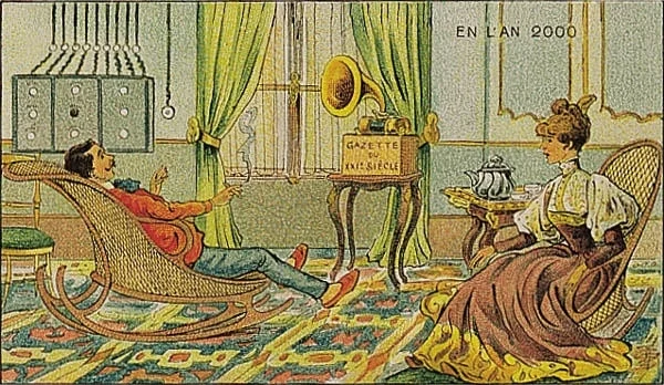 France in XXI Century. This was a series of futuristic pictures issued in France in 1899, 1900, 1901 and 1910, originally in the form of paper cards enclosed to cigarette/cigar boxes and, later, as postcards. They depicted the world of the future, in 2000.
