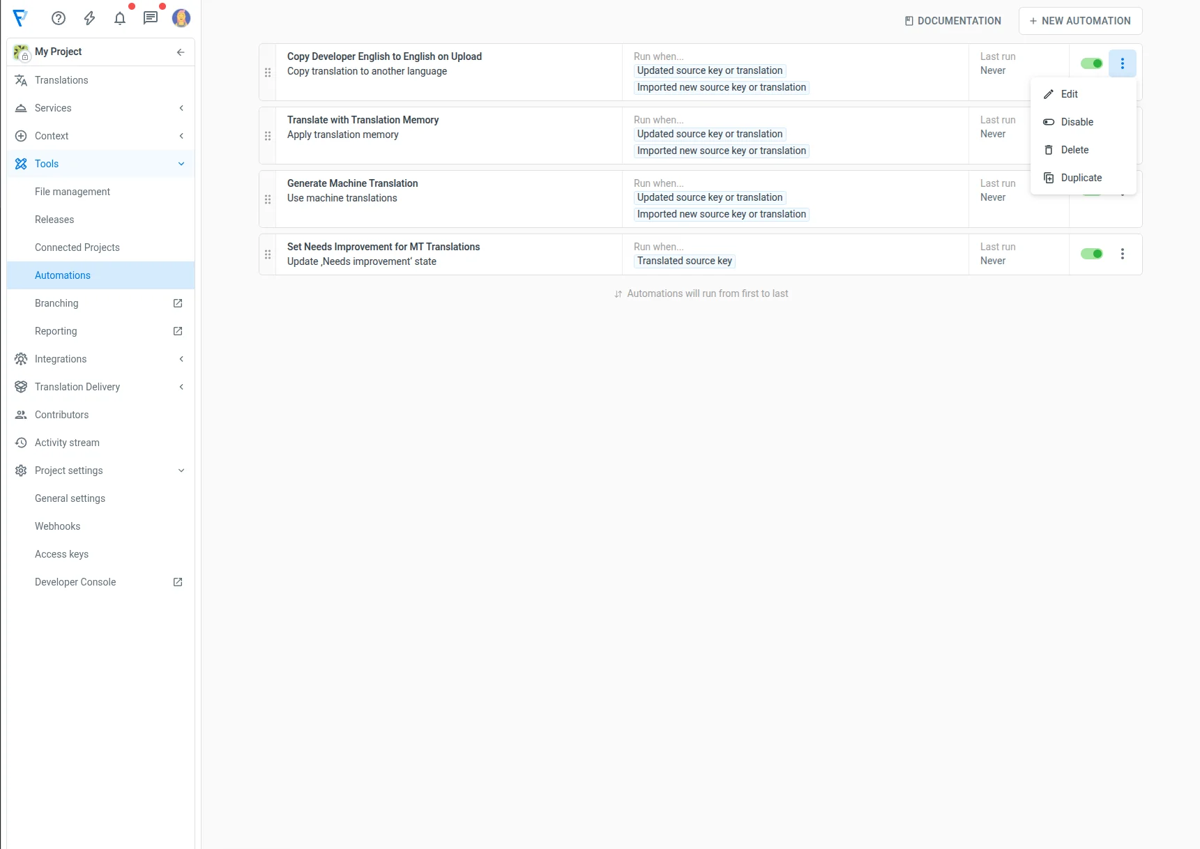 Automations overview actions