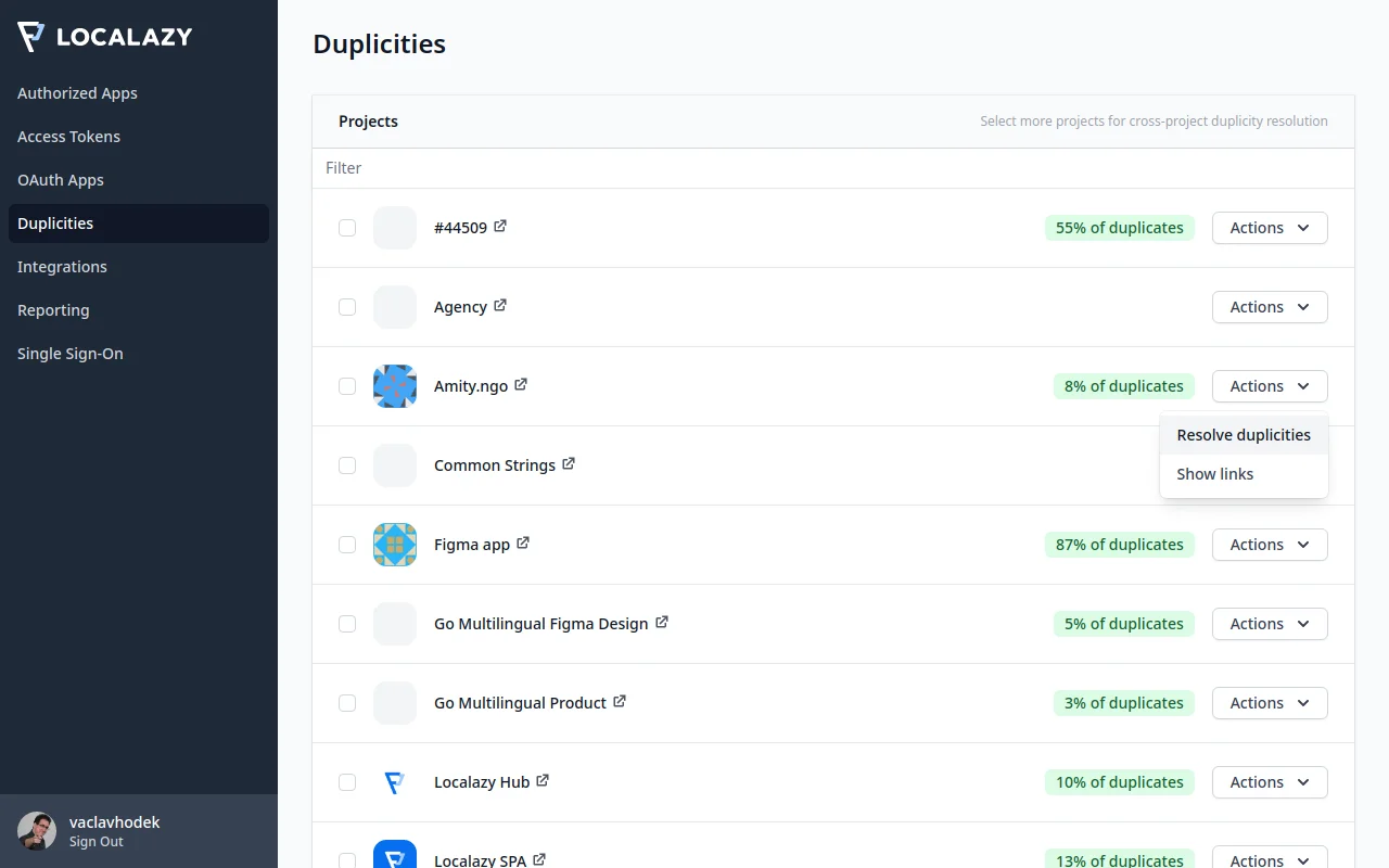 Localazy Duplicity Linking - List of Projects