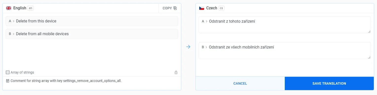 Localazy translation screen - arrays