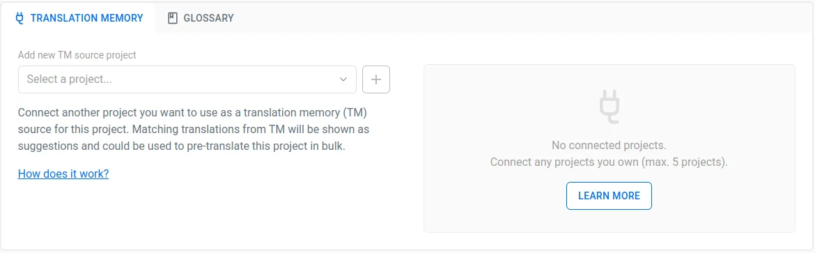 Localazy Connected Translation Memory Settings