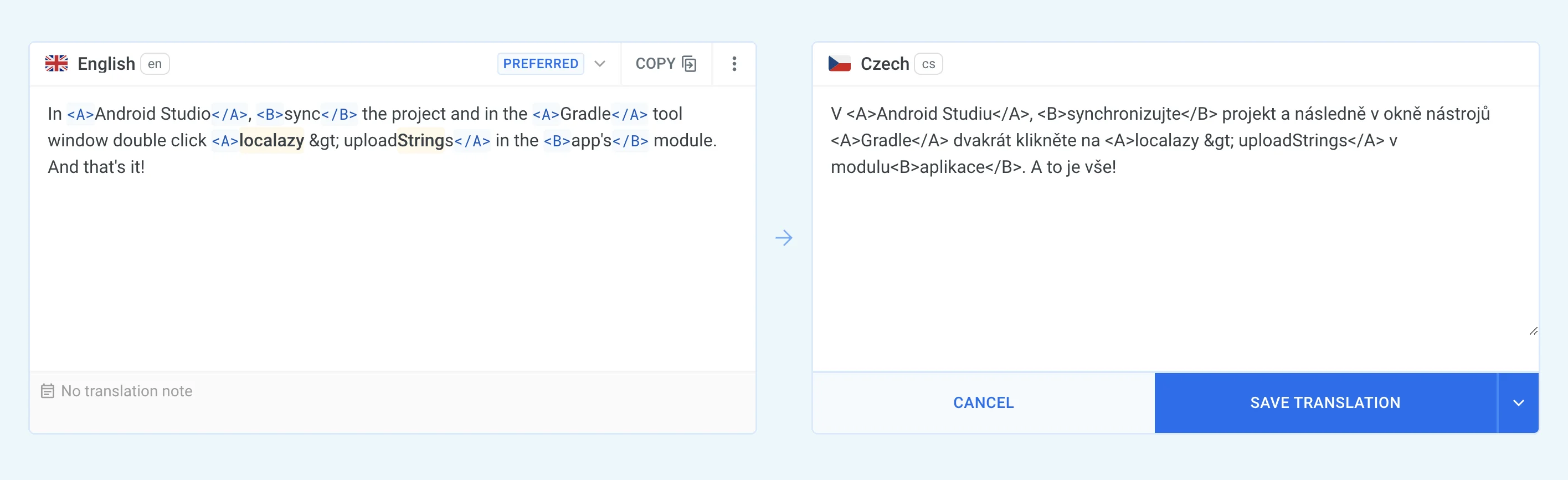 Localazy XML/HTML Tag collapsing feature - after