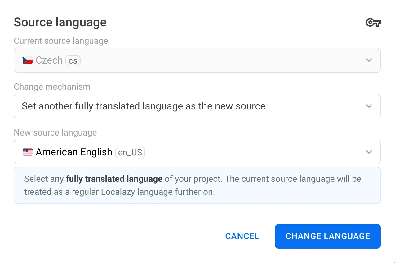 Localazy - set another fully translated language as the new source