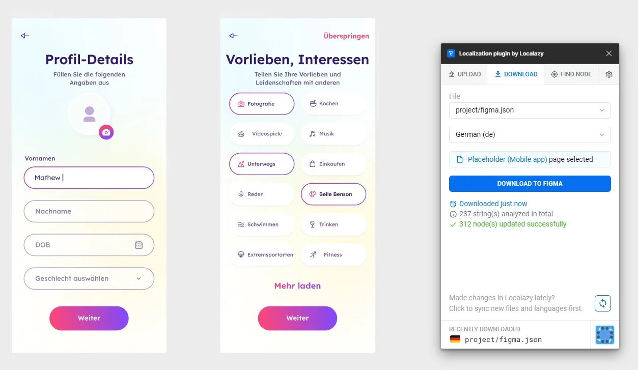Figma Localization: Dating app template translated into German with Localazy